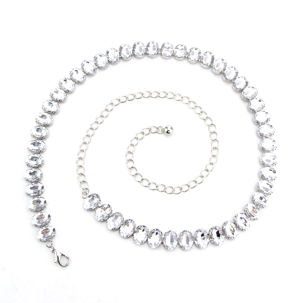 Diamante Waist Belt with Oval Crystals - Silver