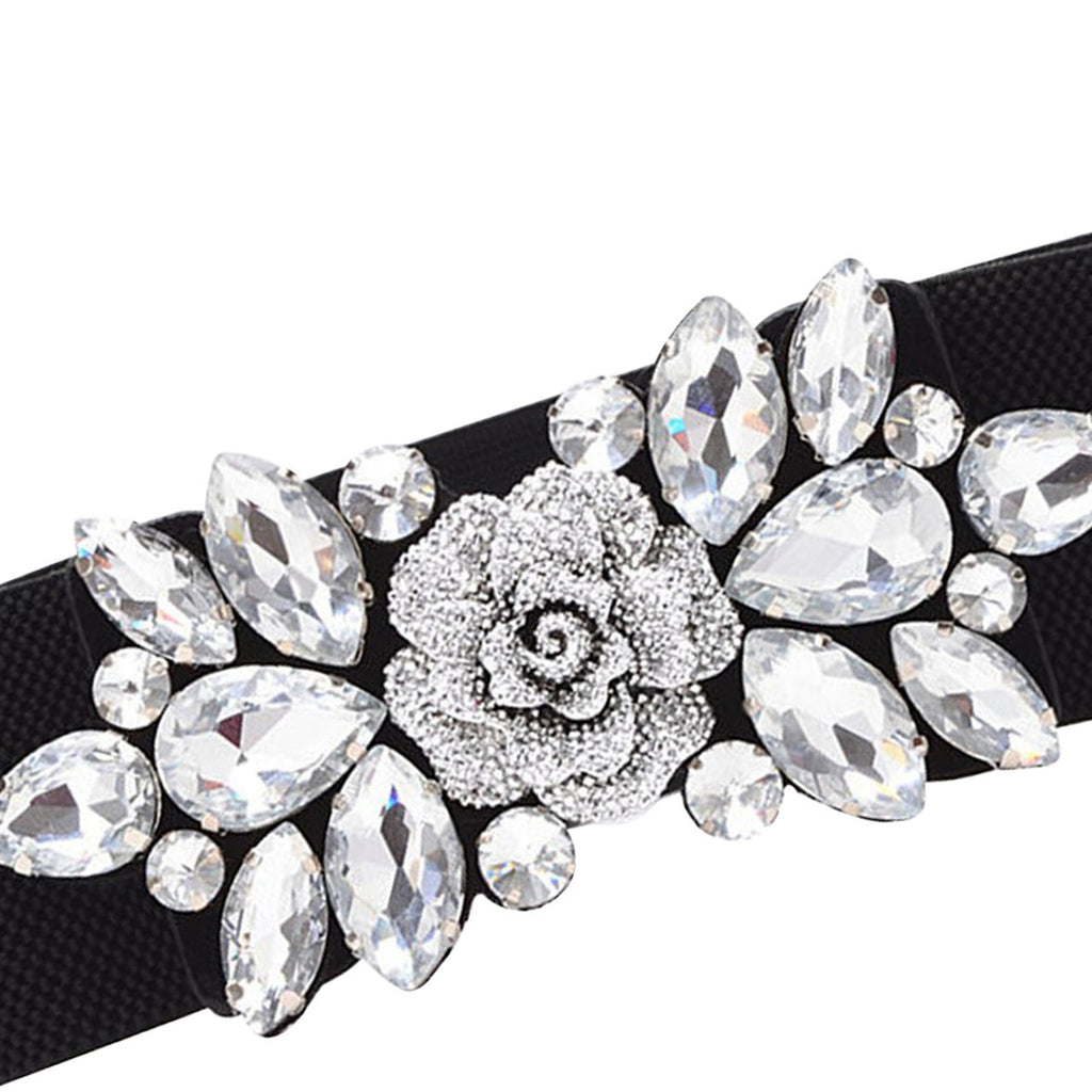 Diamante Motif Belt - Rose Flower - Silver