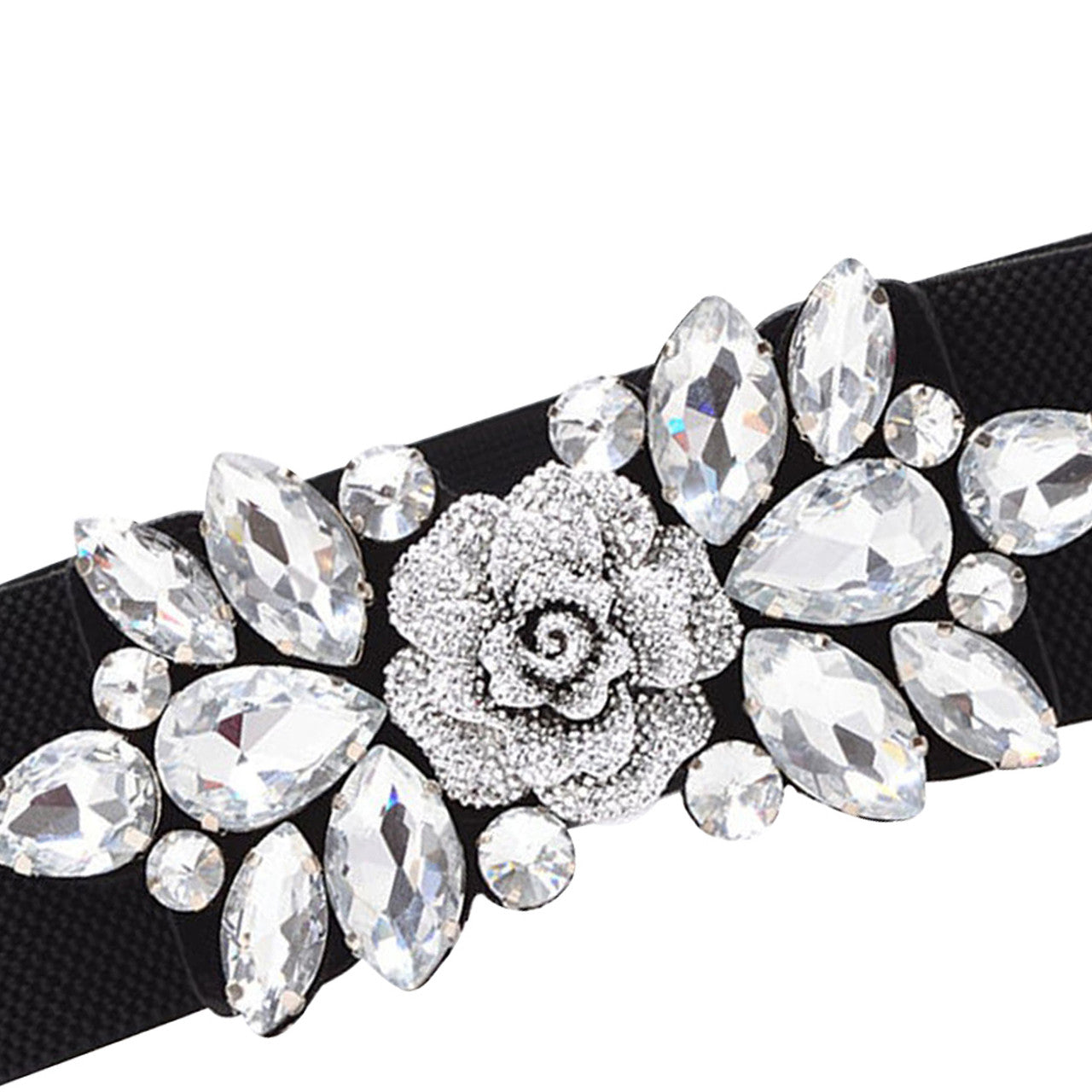 Diamante Motif Belt - Rose Flower - Silver