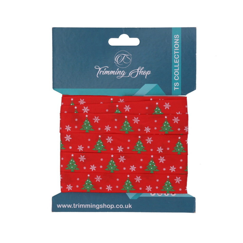 Tree & Snowflakes Printed Grosgrain Ribbon - Red