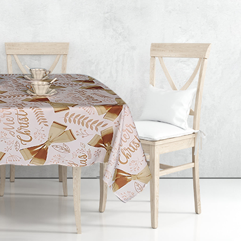 60" x 84" Rectangle Christmas Ribbon & Leaf Print Polyester Wipe Clean Tablecloth - White & Gold