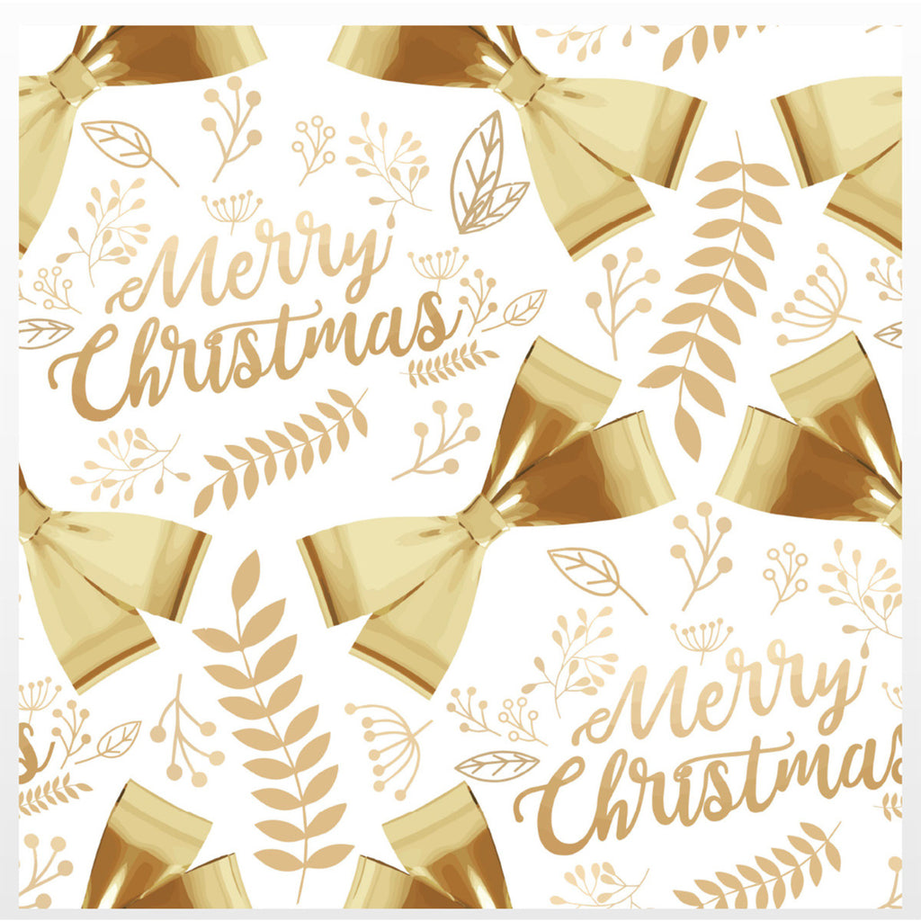 60" x 84" Rectangle Christmas Ribbon & Leaf Print Polyester Wipe Clean Tablecloth - White & Gold