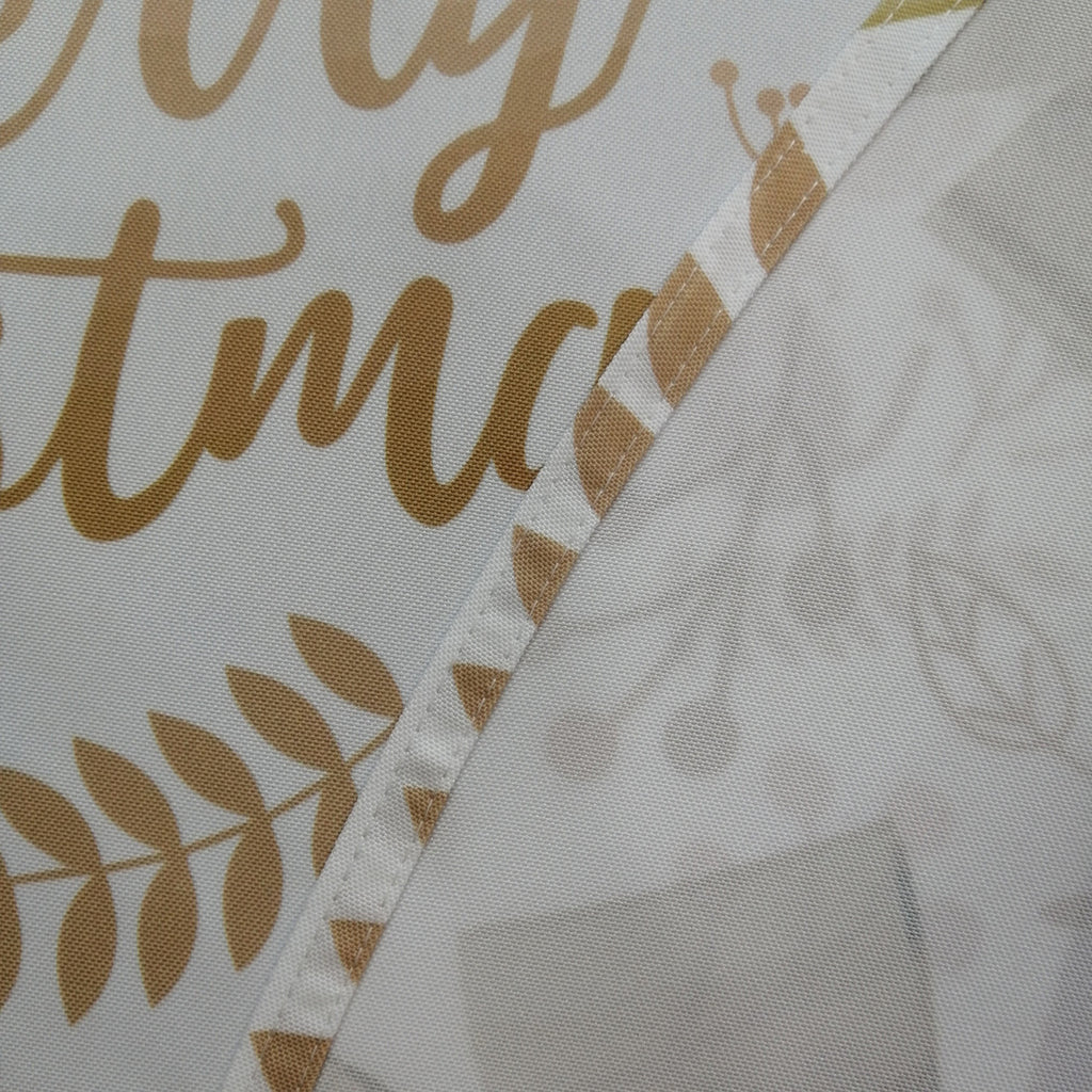 60" x 84" Rectangle Christmas Ribbon & Leaf Print Polyester Wipe Clean Tablecloth - White & Gold