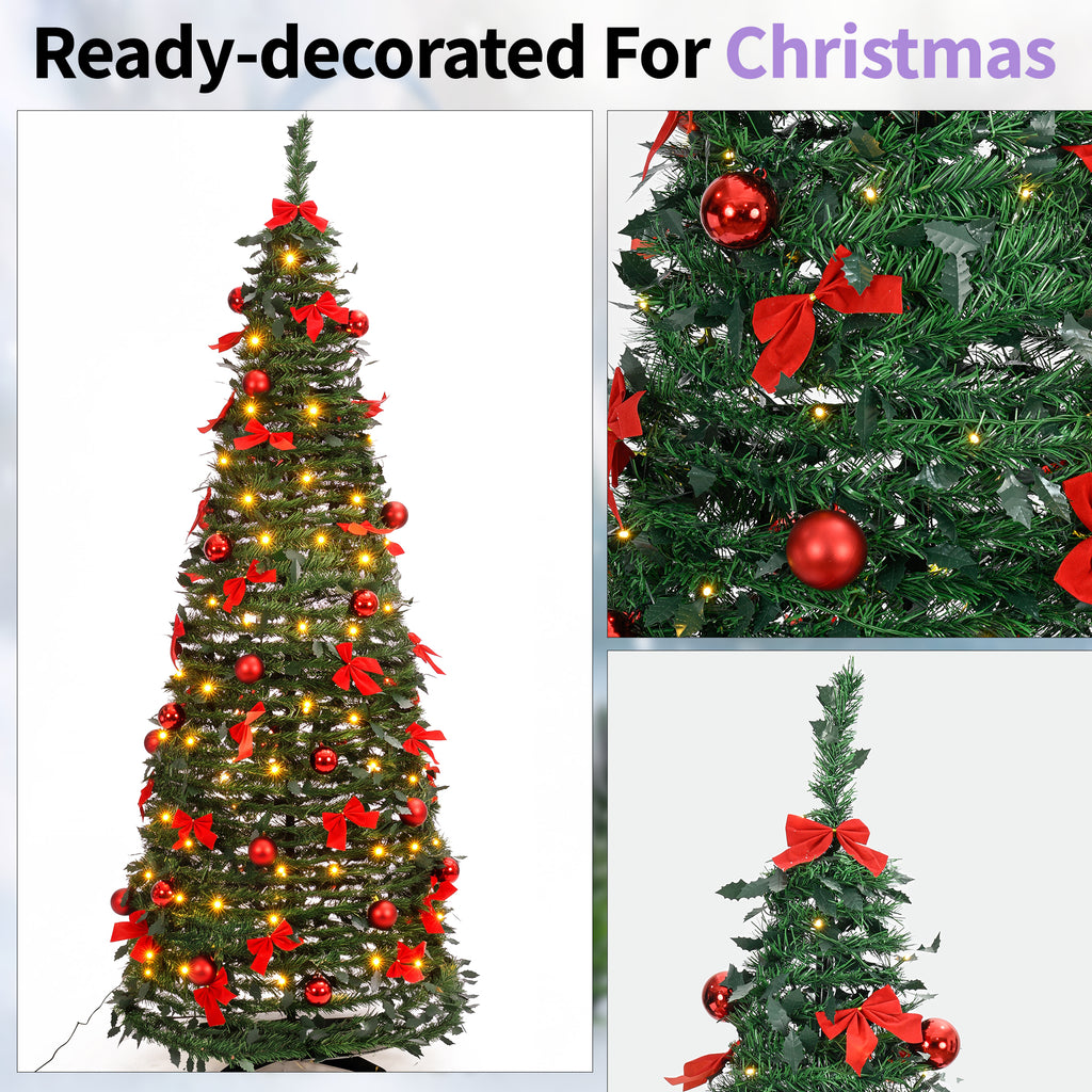A pre-lit artificial Christmas tree decorated with red bows, red ornaments, and warm white lights, shown in a three-panel collage with the text 'Ready-decorated For Christmas' at the top.