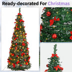 A pre-lit artificial Christmas tree decorated with red bows, red ornaments, and warm white lights, shown in a three-panel collage with the text 'Ready-decorated For Christmas' at the top.