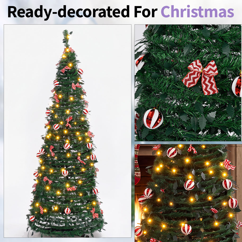 A pre-lit Christmas tree shown in a three-panel collage: a full-length view on the left, close-up detail of ornaments and bows on the top-right, and the tree lit up indoors on the bottom-right. Text at the top reads 'Ready-decorated For Christmas.