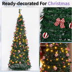 A pre-lit Christmas tree shown in a three-panel collage: a full-length view on the left, close-up detail of ornaments and bows on the top-right, and the tree lit up indoors on the bottom-right. Text at the top reads 'Ready-decorated For Christmas.