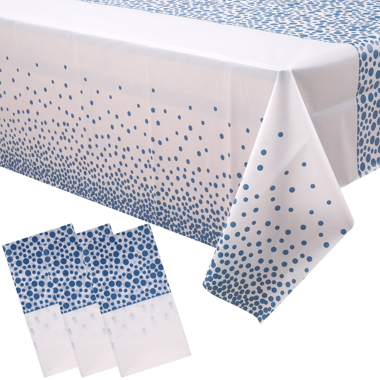 Rectangular Plastic Disposable Tablecloth - White - Sky Blue Polka Dot Print