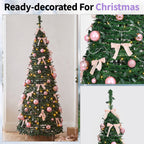 6ft Pop-Up Christmas Tree with 150 Warm White LED Lights, Pink Baubles & Ribbon Bows