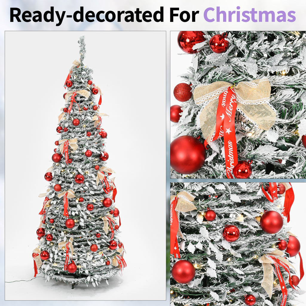 6ft Pop-Up Silver Christmas Tree with 150 Warm White LED Lights, Red Baubles & Festive Bows