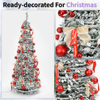6ft Pop-Up Silver Christmas Tree with 150 Warm White LED Lights, Red Baubles & Festive Bows