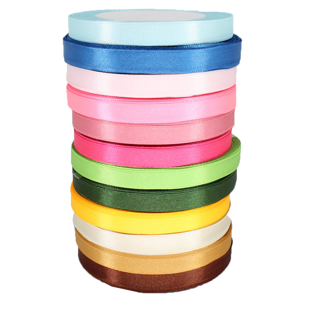 10mm Double Sided Satin Ribbon Bundles, 12 x 25m Rolls - Mixed Colours