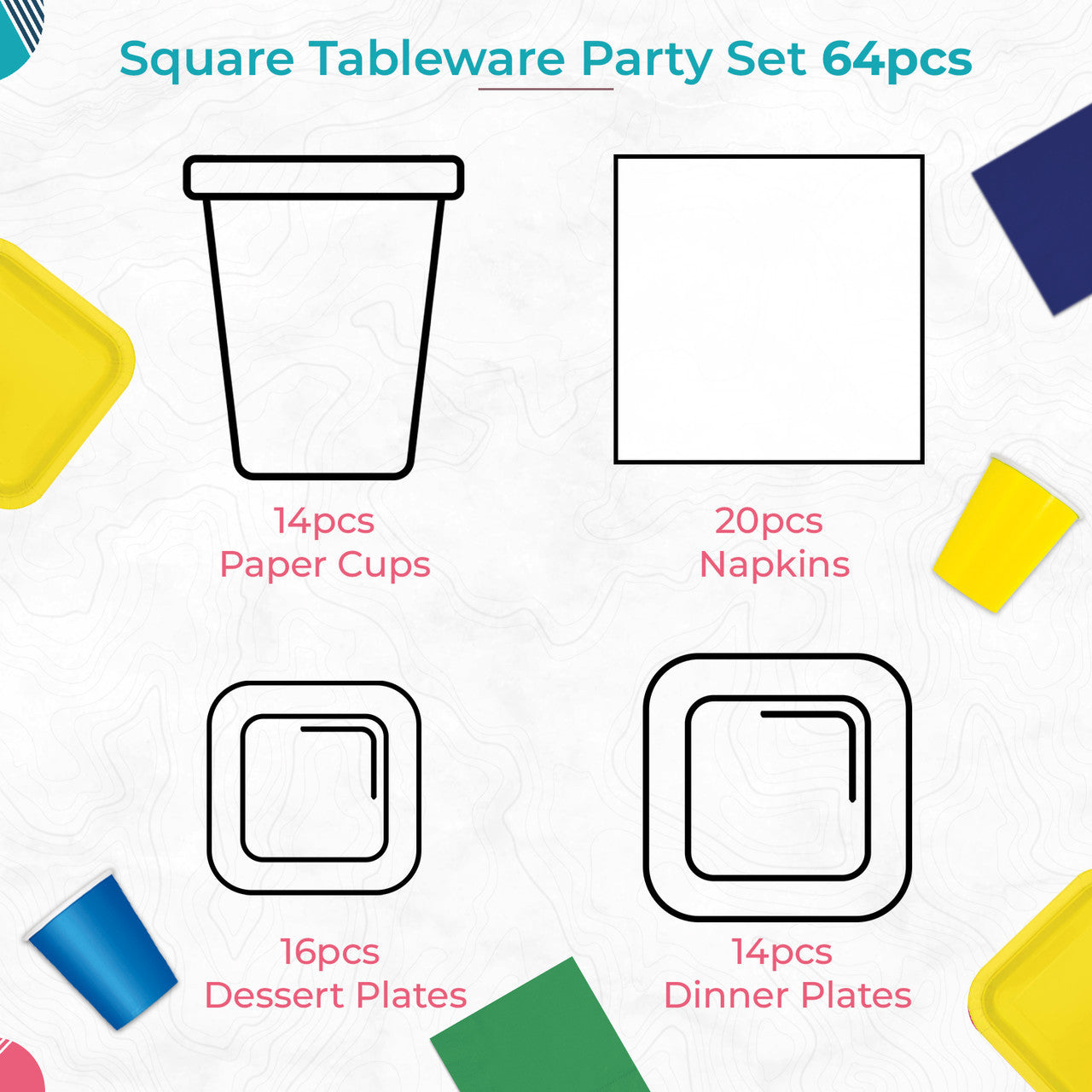 Square Plate Tableware Party Set (Pack of 64) - Gold