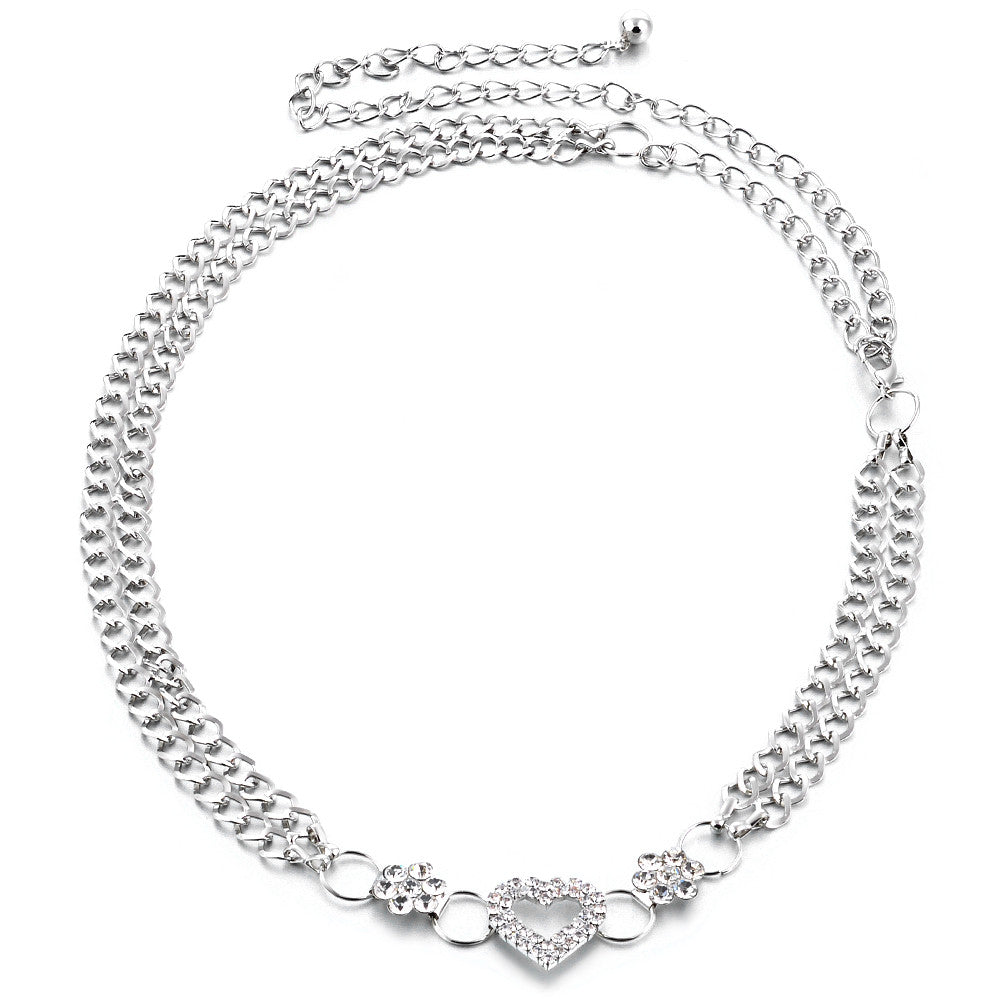 Metal Chain Belt with Heart Buckle and Flowers Design