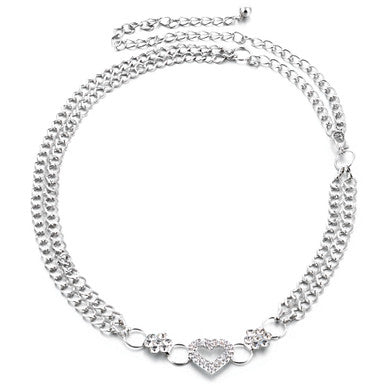 Metal Chain Belt with Heart Buckle and Flowers Design