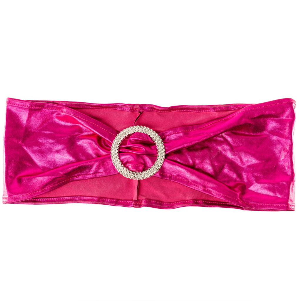 Shiny Spandex Chair Band with Round Diamante Buckle - Fuschia