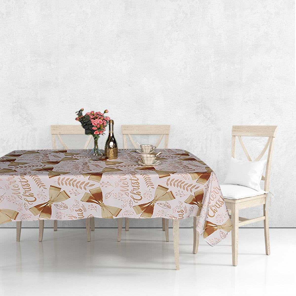 60" x 84" Rectangle Christmas Ribbon & Leaf Print Polyester Wipe Clean Tablecloth - White & Gold