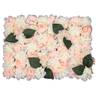 Hydrangea Artificial Flower Wall Panel 60cm x 40cm - Baby Pink & White with Leaves x 12