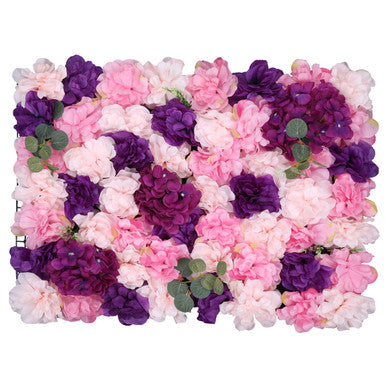 Hydrangea Artificial Flower Wall Panel 60cm x 40cm - Purple & Pink with Leaves