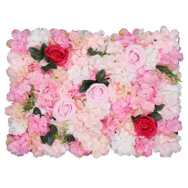Hydrangea Artificial Flower Wall Panel 60cm x 40cm - Rose Pink with Leaves x 12