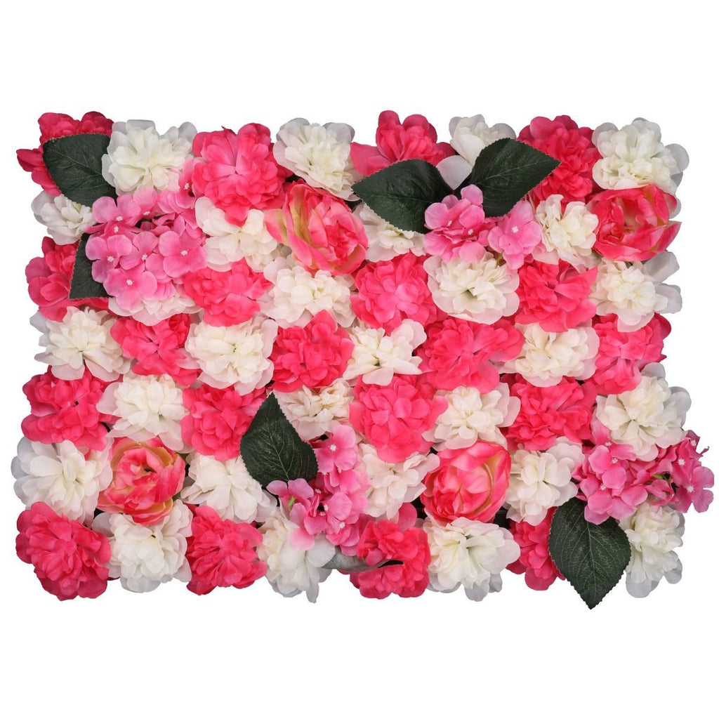 Hydrangea Artificial Flower Wall Panel 60cm x 40cm - Pink & White with Leaves x 12