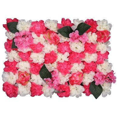 Hydrangea Artificial Flower Wall Panel 60cm x 40cm - Pink & White with Leaves x 12