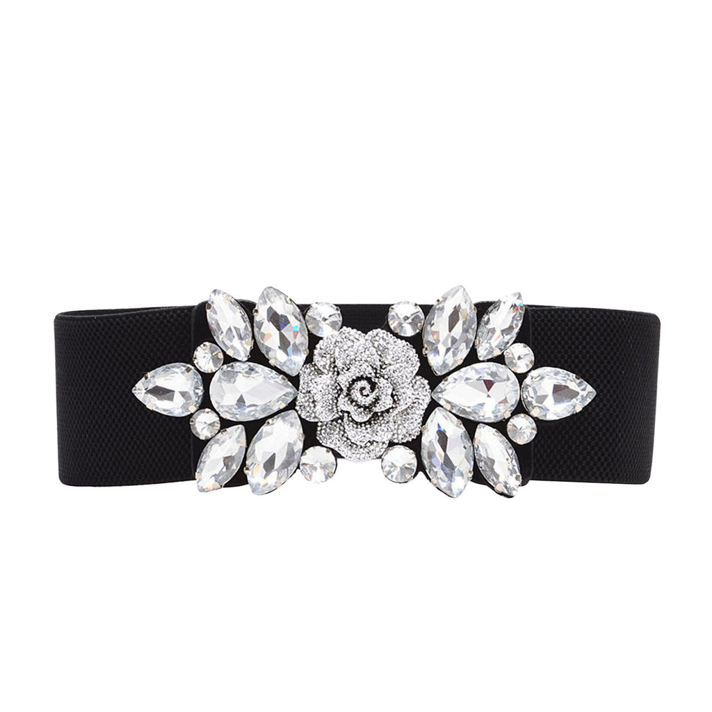 Diamante Motif Belt - Rose Flower - Silver