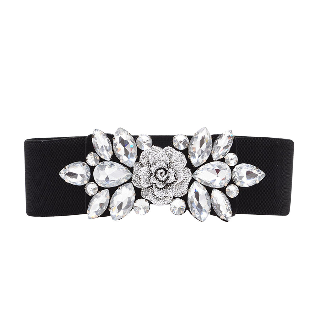 Diamante Motif Belt - Rose Flower - Silver
