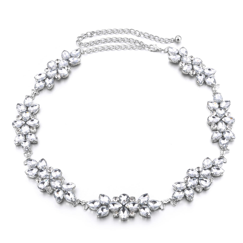 Diamante Flower Motif Belt - Silver