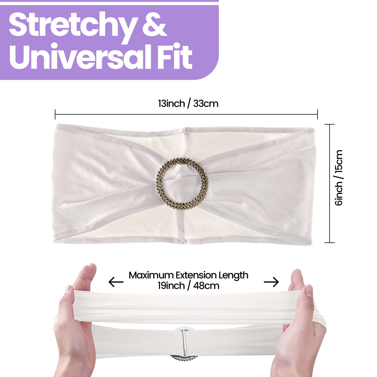 Spandex Chair Band with Round Diamante Buckle - White