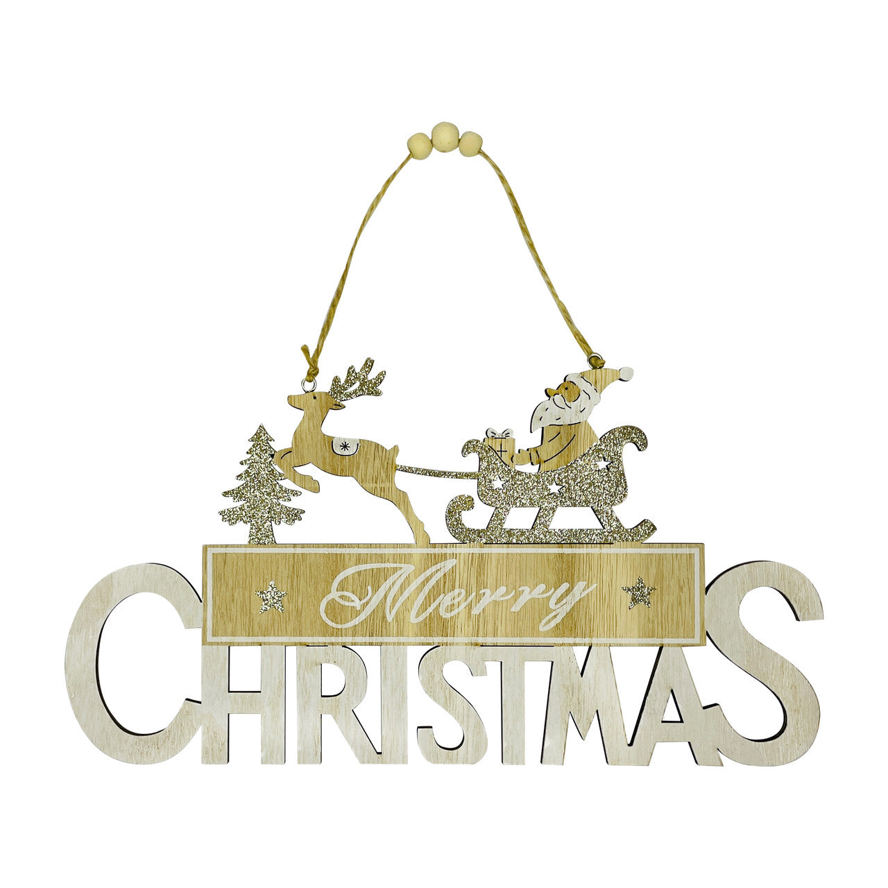 Merry Christmas Door Hanging Sign Plaque - Xmas Santa Sleigh with Reindeer Design