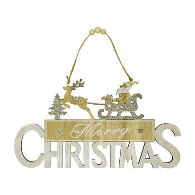 Merry Christmas Door Hanging Sign Plaque - Xmas Santa Sleigh with Reindeer Design