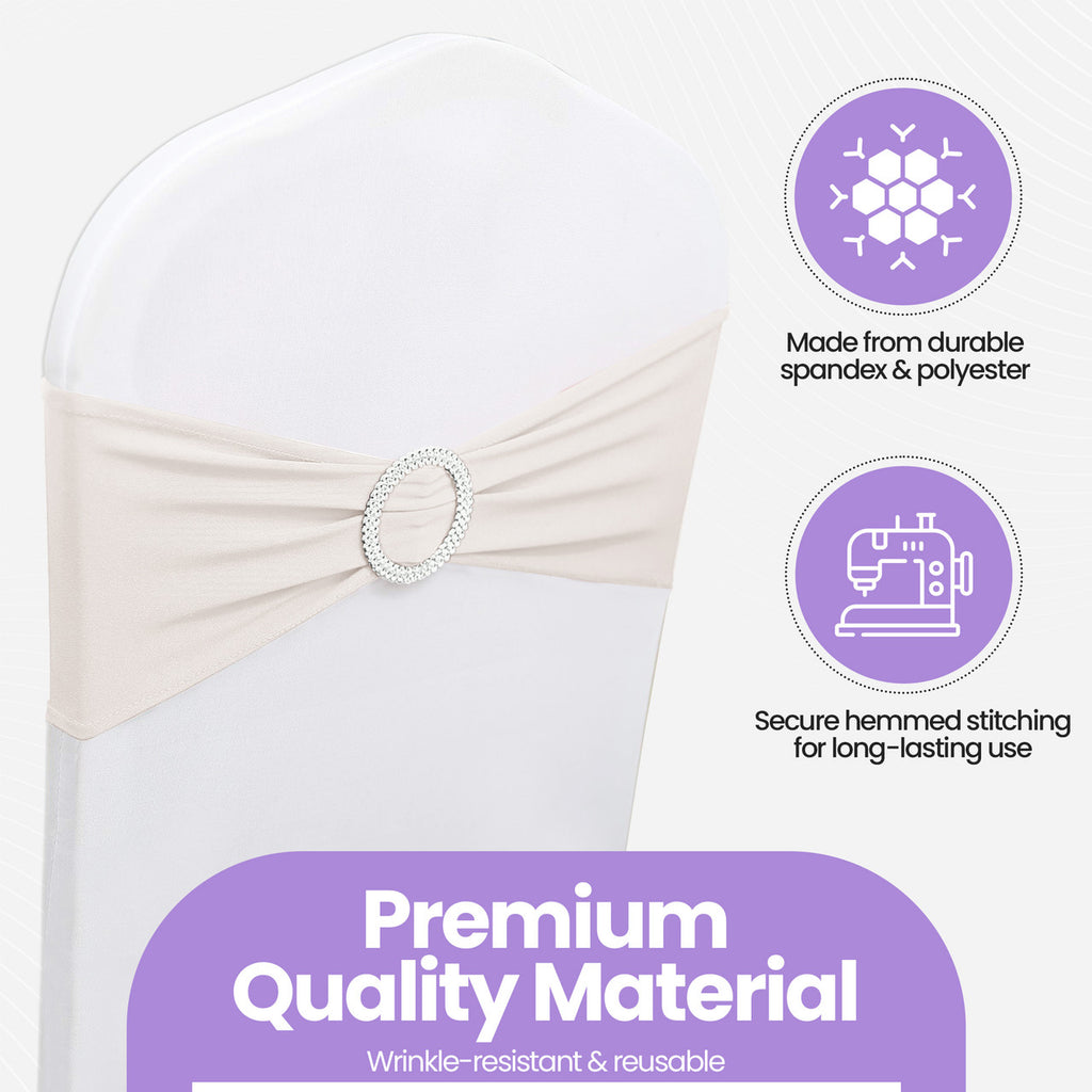 Spandex Chair Band with Round Diamante Buckle - White
