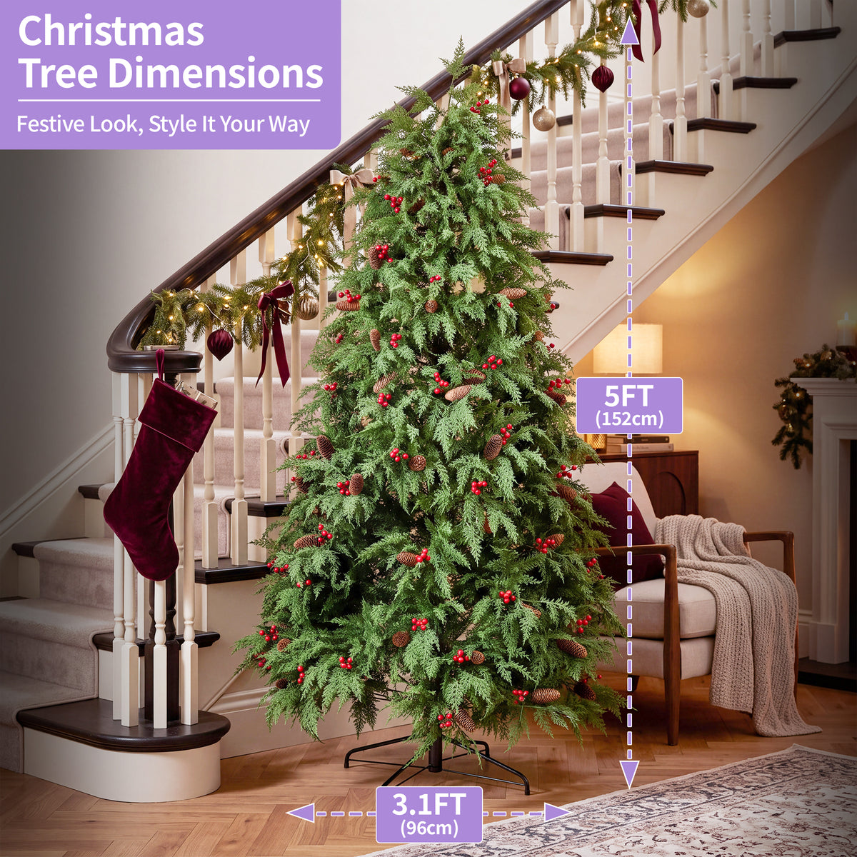 Artificial Christmas Tree with Red Berries, Pine Cones & Metal Stand