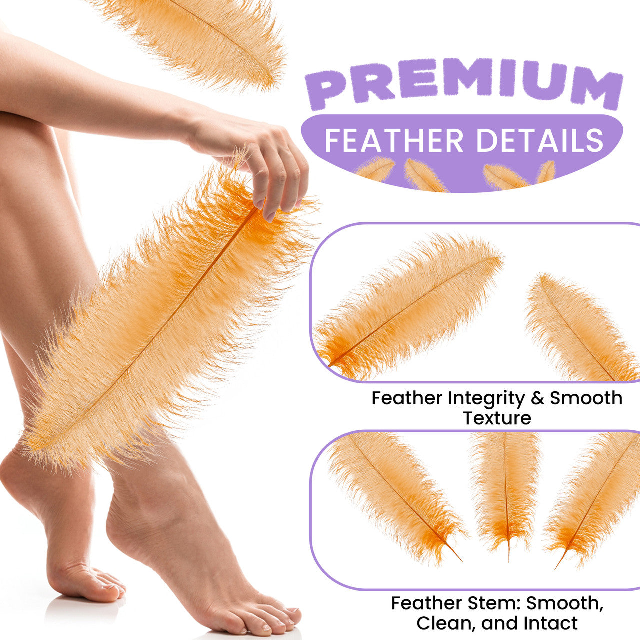 50-60cm Loose Ostrich Feathers, 5pcs - Orange