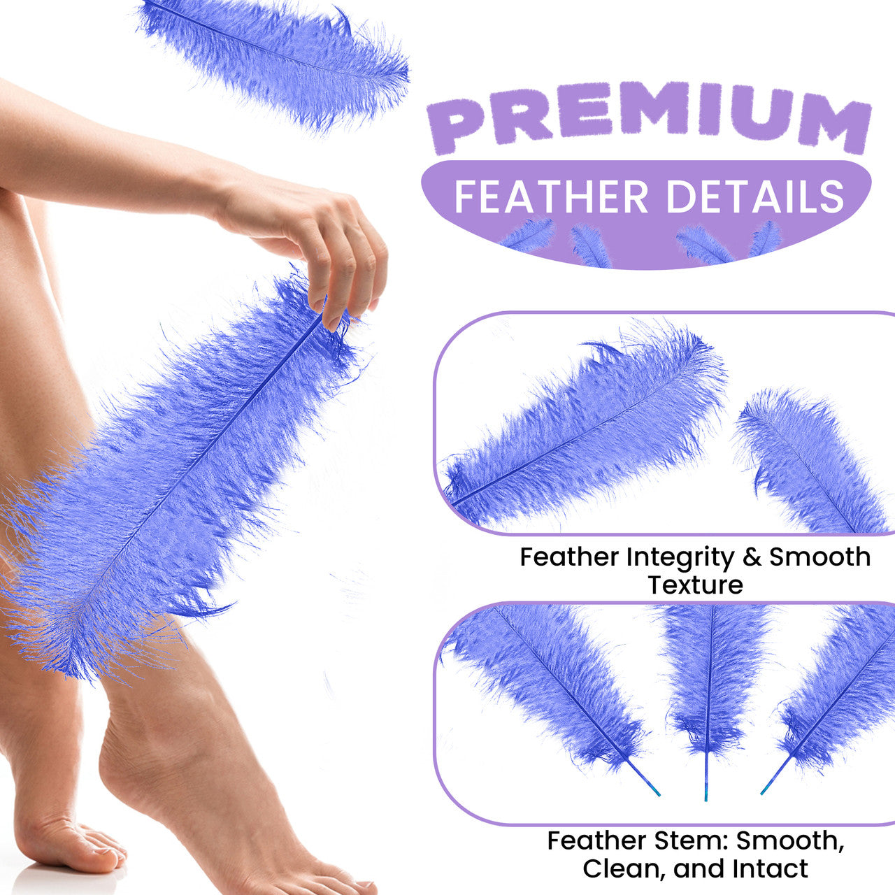 50-60cm Loose Ostrich Feathers, 5pcs - Royal Blue