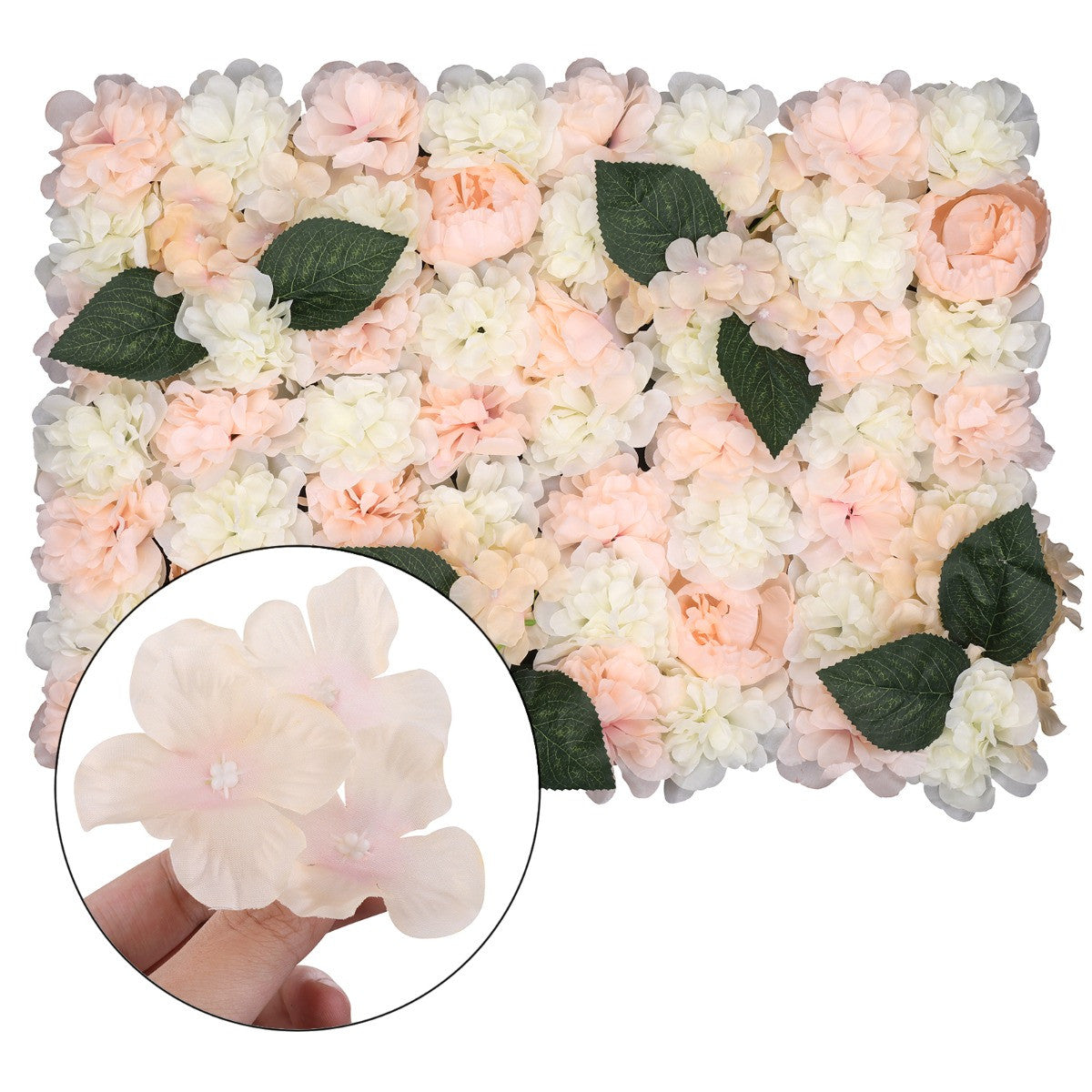 Hydrangea Artificial Flower Wall Panel 60cm x 40cm - Baby Pink & White with Leaves