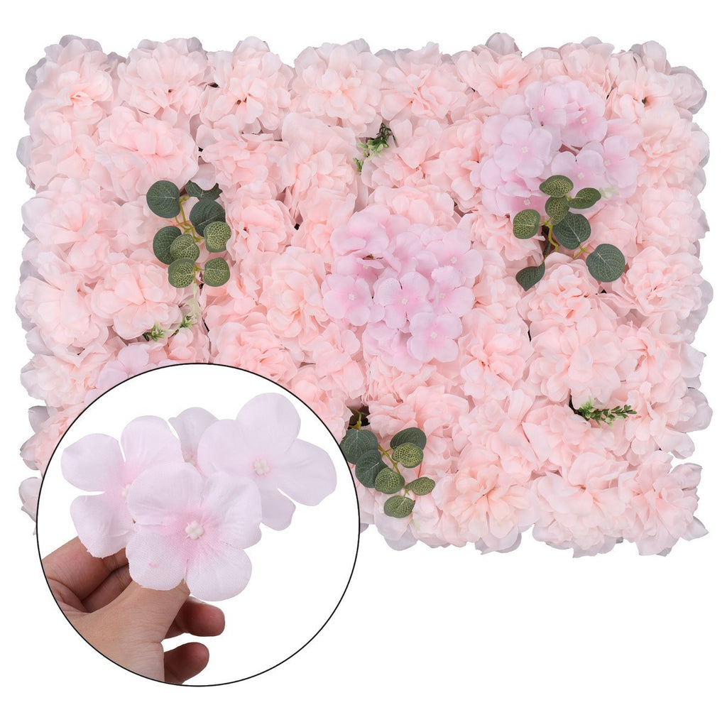 Hydrangea Artificial Flower Wall Panel 60cm x 40cm - Baby Pink with Leaves x 12