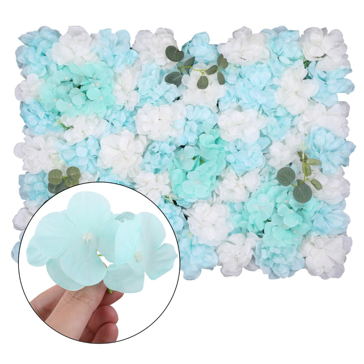 Hydrangea Artificial Flower Wall Panel 60cm x 40cm - Tiffany Blue with Leaves