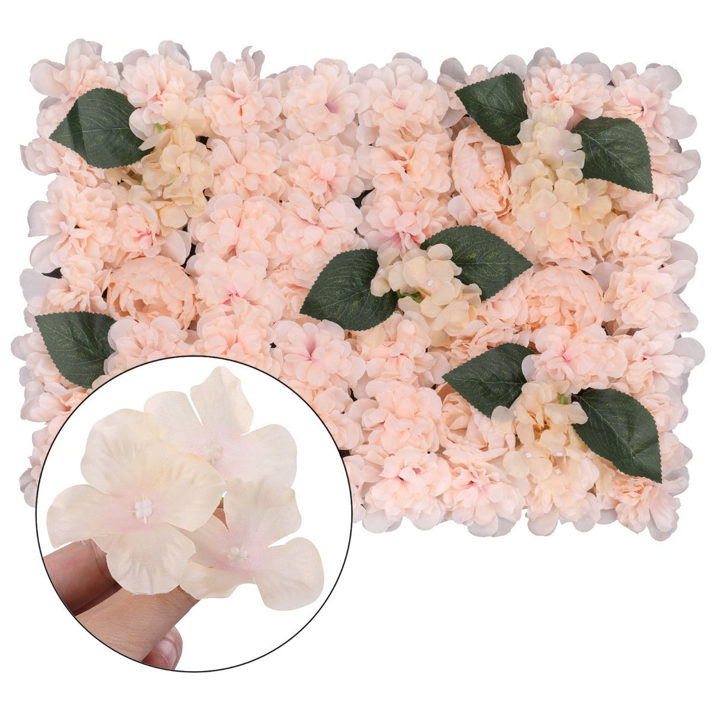Hydrangea Artificial Flower Wall Panel 60cm x 40cm - Champagne with Leaves x 12