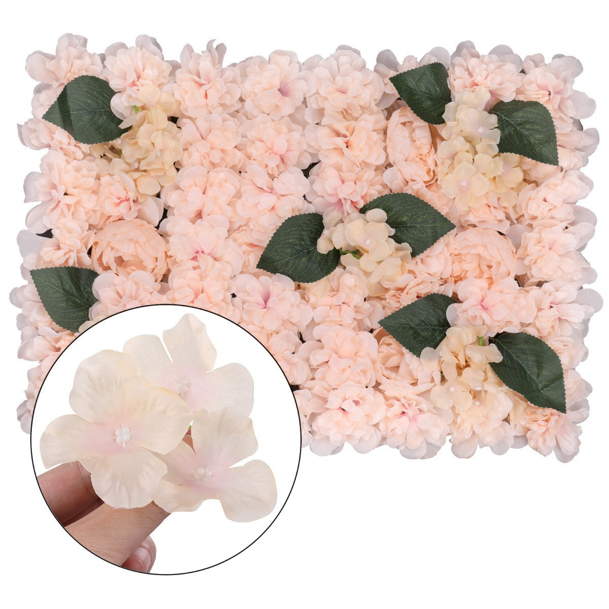 Hydrangea Artificial Flower Wall Panel 60cm x 40cm - Champagne with Leaves x 12