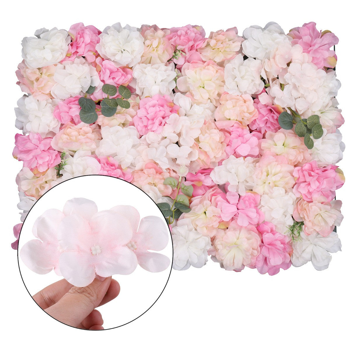 Hydrangea Artificial Flower Wall Panel 60cm x 40cm - Pink & Peach with Leaves