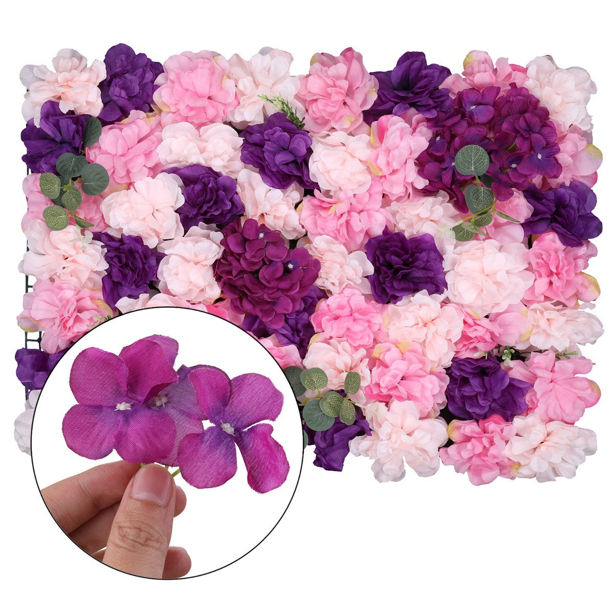 Hydrangea Artificial Flower Wall Panel 60cm x 40cm - Purple & Pink with Leaves