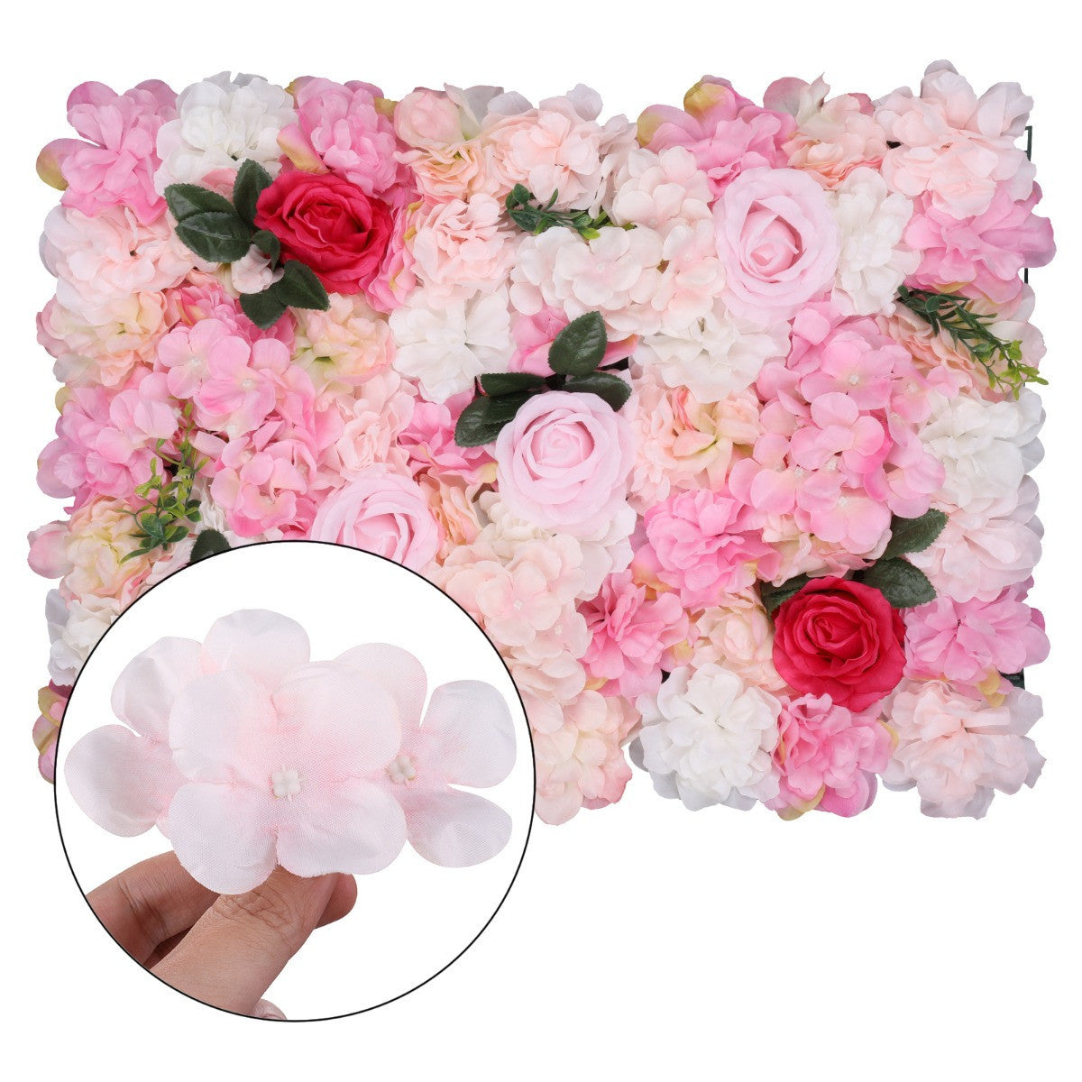 Hydrangea Artificial Flower Wall Panel 60cm x 40cm - Rose Pink with Leaves x 12