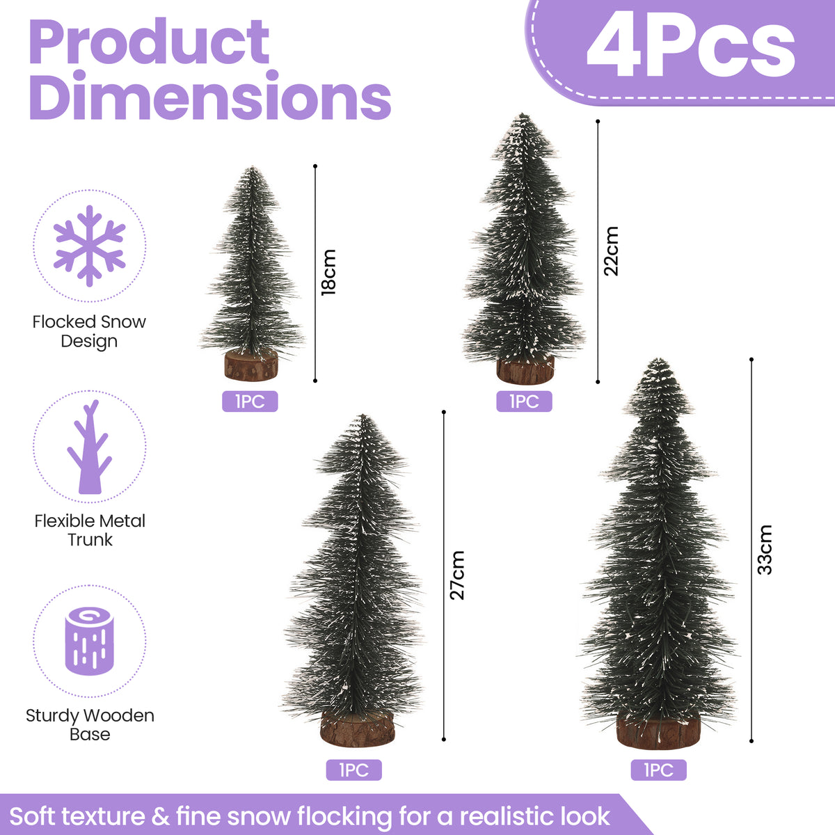 4pc Mini Christmas Trees Set, Green Snow-Dusted Pine