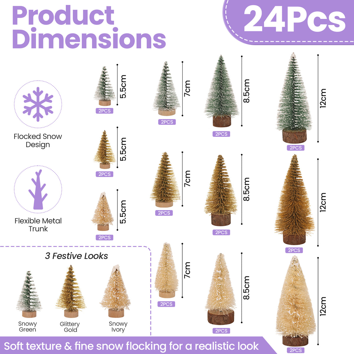 24pcs Mini Christmas Bottle Brush Trees, 3 Designs, 4 Assorted Sizes