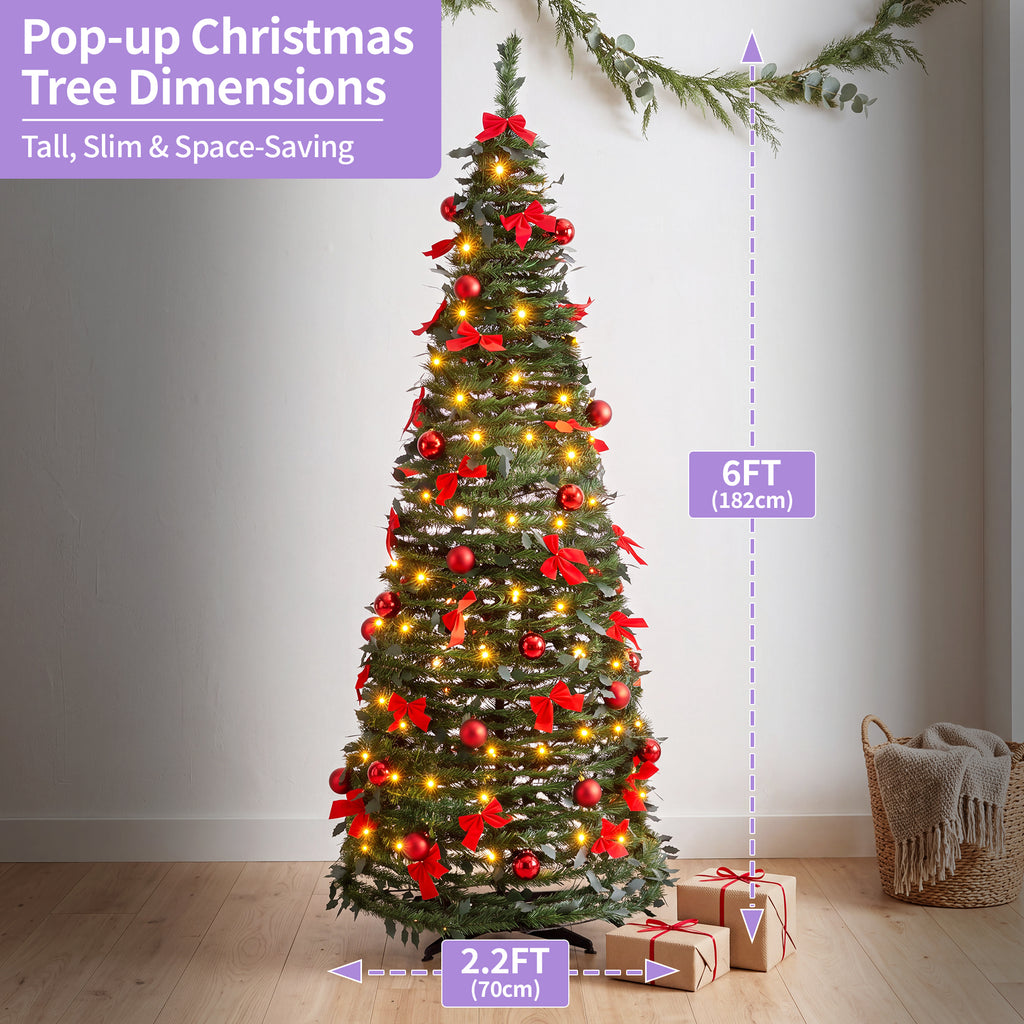 A decorated pop-up Christmas tree shown in a room with overlaid dimension arrows and text indicating 6 feet tall and 2.2 feet wide, plus promotional text about tree dimensions.
