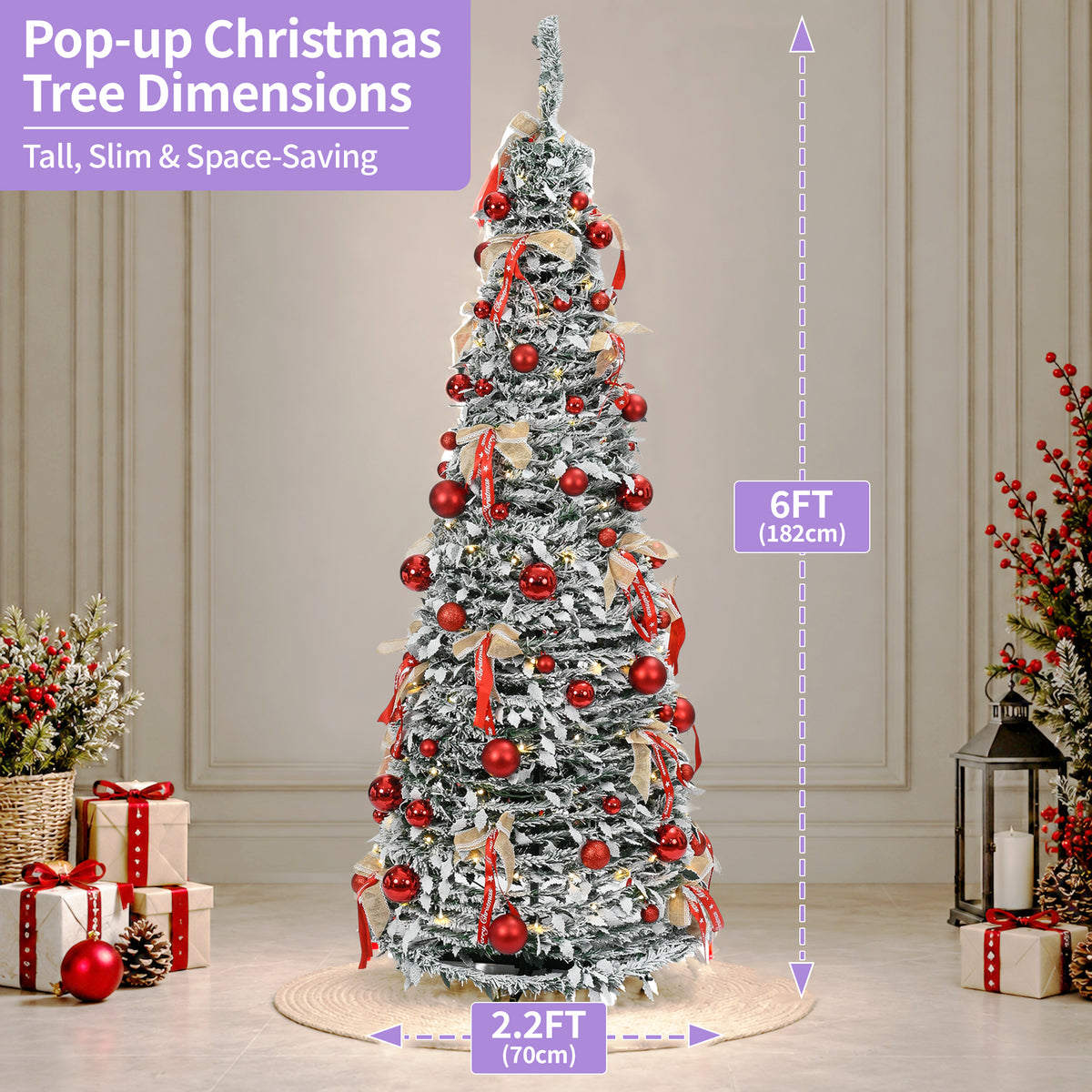 6ft Pop-Up Silver Christmas Tree with 150 Warm White LED Lights, Red Baubles & Festive Bows