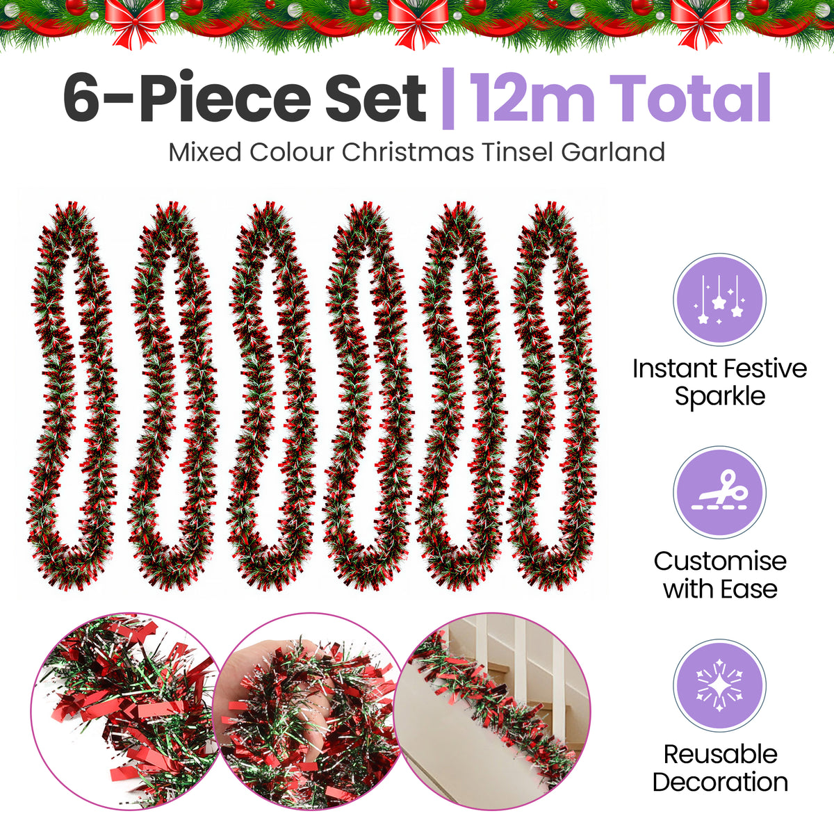 Christmas Tinsel Garland, Red Green & Silver Metallic Foil