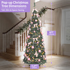 A decorated pop-up Christmas tree stands in a home interior with staircase and curtains visible. Purple measurement callouts show the tree height as 6FT (182cm) and width as 2.